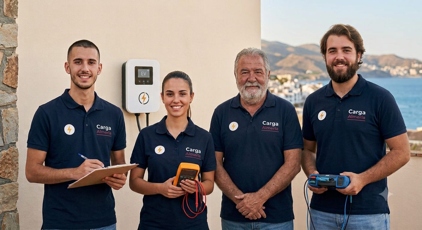 Equipo de instaladores de CargaAlmería junto a un punto de recarga en Almería